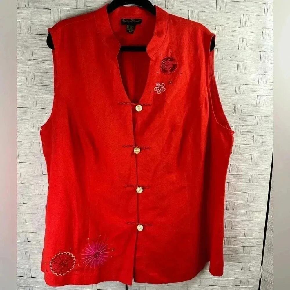 Ashley Stewart linen rayon blend Asian‎ inspired blouse red embroidery plus size